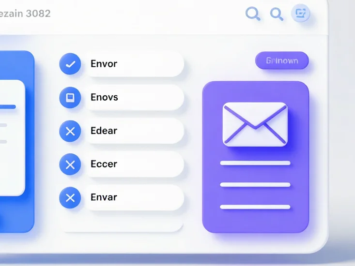 Clean 3D render of a minimalist email app interface on a white studio background, electric-blue and violet accent highli